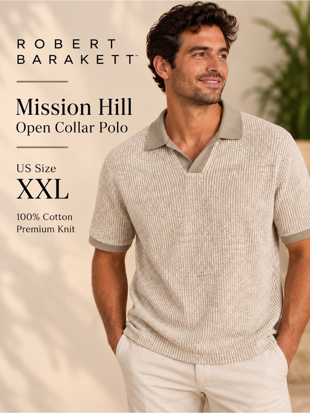 Robert Barakett Mission Hill Open Collar Polo Cream XXL NWT